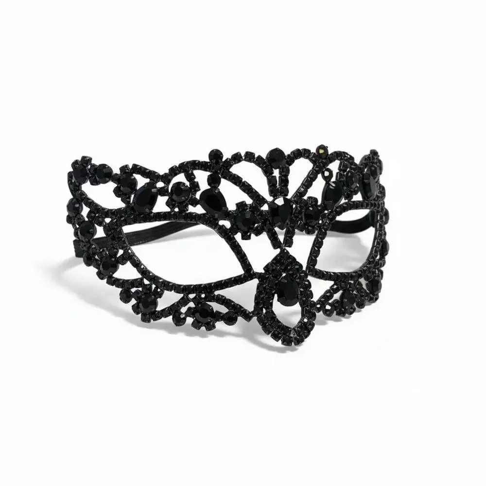 black rhinestone crystal masquerade eye mask Venetian filigree Mardi Gras Bling